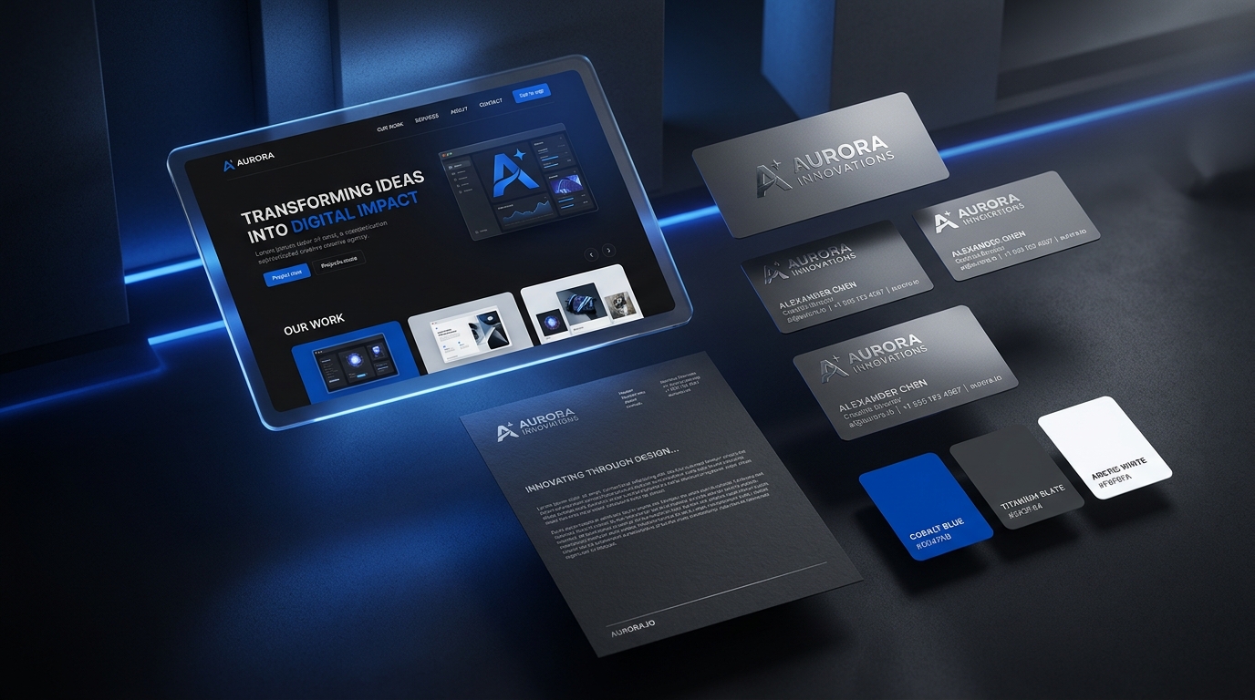 Digital web application mockup alongside luxury silver visiting cards, corporate letterhead, and brochure